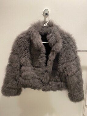 Grey Fox Fur Coat Luxurious Elegant Classic Size XS-S New